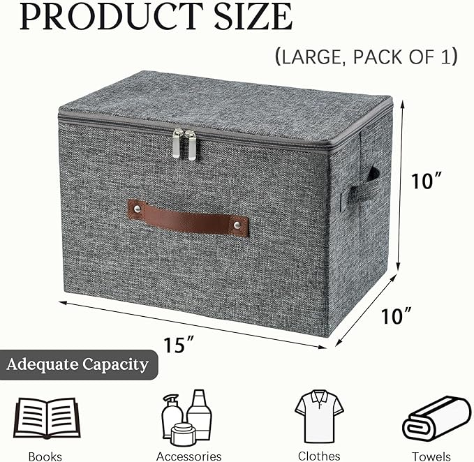 Storage Bins with Zipper Lid Foldable Fabric Lidded Storage Boxes Baskets Cubes Washable Collapsible PU Leather Handle Cotton Linen Fabric Shelf Closet Organizer Container(Gray, Large Size)
