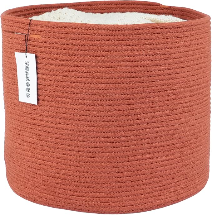 XUANGUO Cotton Rope Woven Basket, 16x14 in Kids Laundry Basket, rustic | Round blanket basket and small laundry basket; baby hamper or nursery storage bin for girls, boys, toys, clothes and shoes