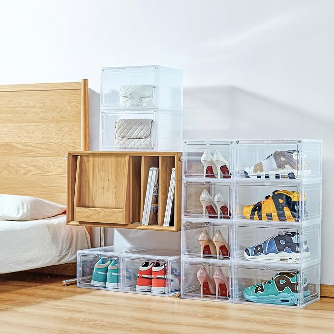ZLLZUU Stackable Shoe Storage Boxes 9 Pack X-Large Clear Sneaker Organizer | Fits up to Women's Size 13, Easy to Assemble, Clear Visible Magnetic Front Door, Quick Aceess, Durable and Sturdy Plastic