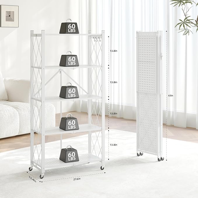 Fenbeli Foldable Shelves with Wheels - 5 Tier Folding Shelf, Collapsible No Assembly Metal Shelving Unit, Origami Storage Shelves & Rolling Storage Rack with 8 Hooks for Kitchen Pantry Garage
