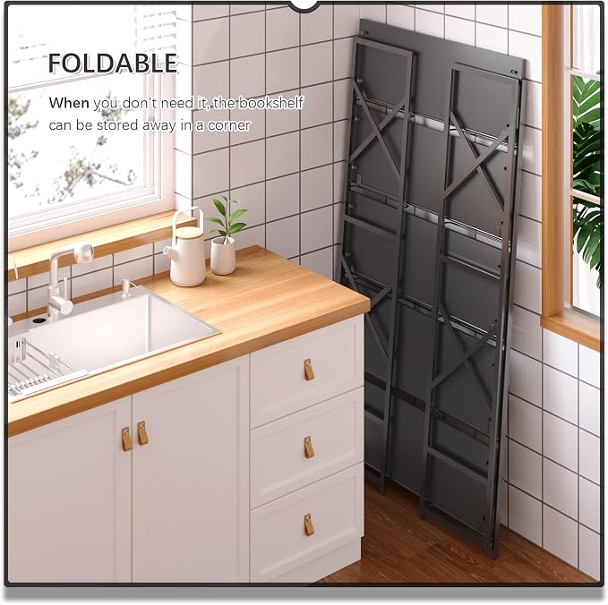 4NM Extra Wide 5 Tiers No Assembly Book Shelves, 51.2" H Folding Bookshelf Bookcase Open Industrial Foldable Shelves for Bedroom, Living Room, Home Office - All Black