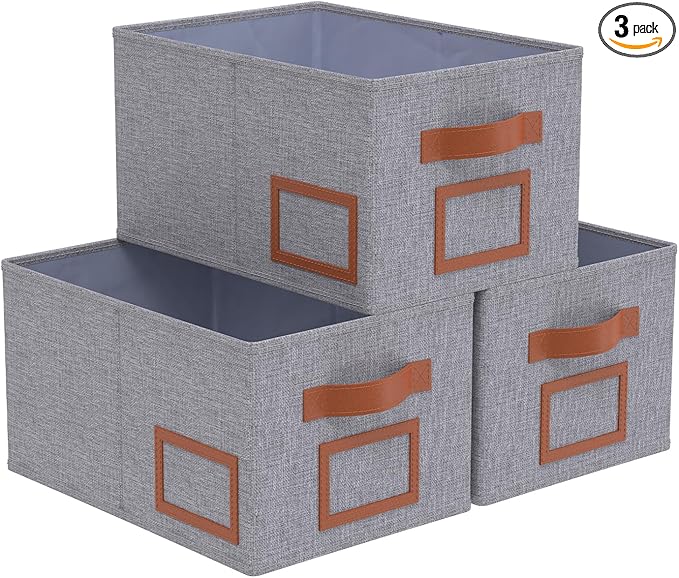 OUTBROS Foldable Storage Box for Shelves, 15 x 10.2 x 7.9 inch Fabric Baskets, Wardrobe Organiser with Handles, Suitable for Storing Clothes, Books, Cosmetics (Gray, 3-Pack)