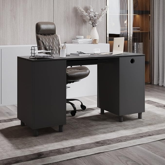 Modern Designs Venice Computer Desk with Lockable Drawers, 53 Inch Home Office Desk with Storage Cabinet, Keyboard Tray & Cable Management, Modern Study Writing Desk for Small Spaces, Black and Grey