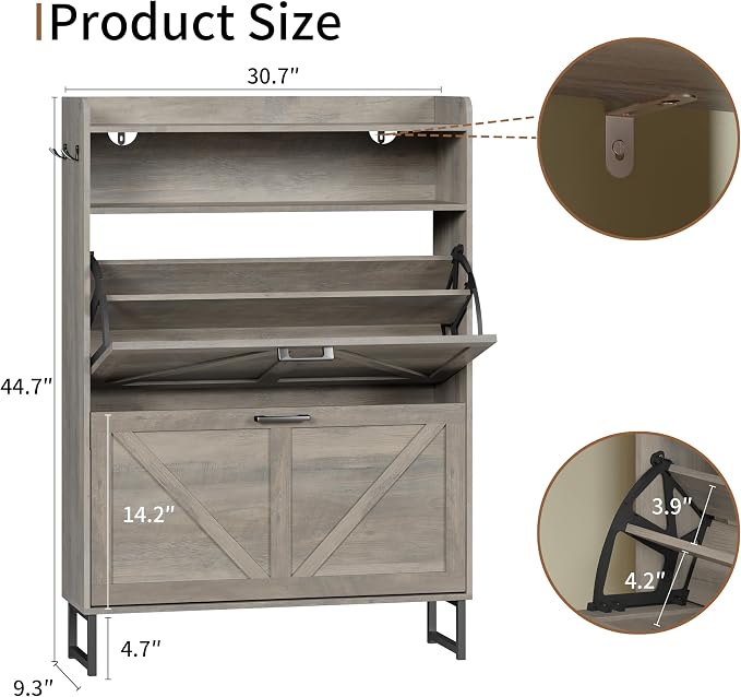Shoe Cabinet with 2 Flip Drawers, Freestanding Hidden Shoe Storage Organizer for Entryway, Narrow Slim Shoe Rack Cabinet with Open Storage & Hooks for Front Door Entrance, Living Room, Hallway, Grey