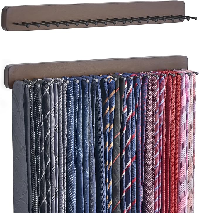 Mkono 2 Packs Tie Rack Wall Mounted Belt Hanger Holder Rustic Wood Tie Organizer for Men Closet Max up 20 Storage for Ties Belts Scarf