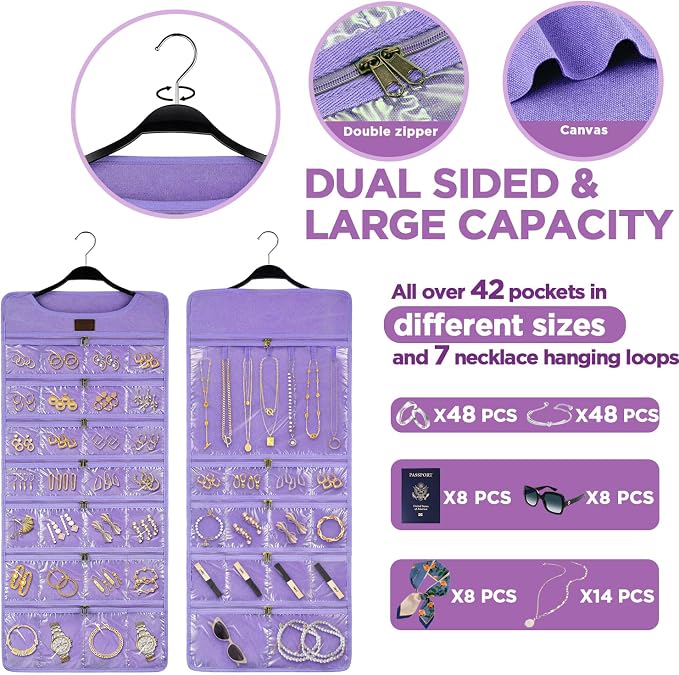 SMRITI Hanging Jewelry Organizer with Dual Zippered Pockets Canvas Double Sided Rotating Hanger Necklace Hanging Wall Organizer Earring Dustproof Holder Wall Mount Accessories Display Bag(Purple)