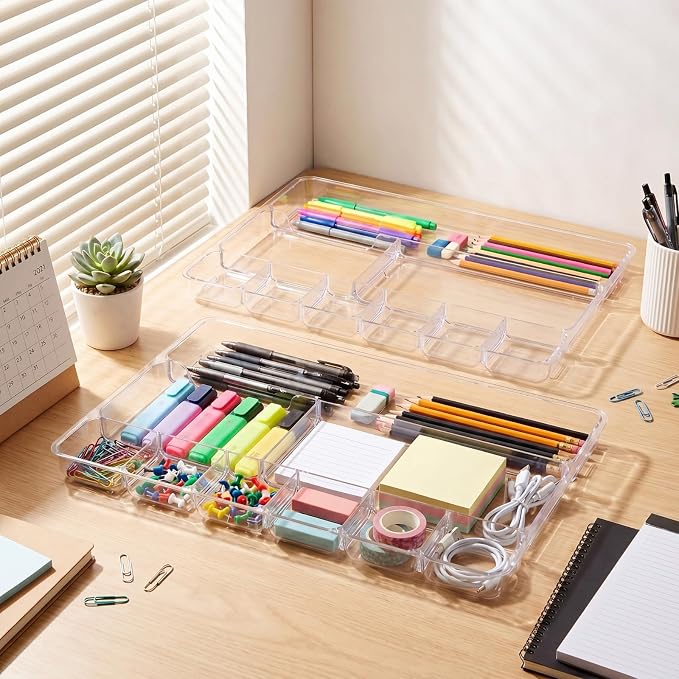 Junkin 4 Pcs Shallow Drawer Organizers 14" x 9" x 1" Desk Drawer Organizer Tray with 9 Storage Compartments for Home Office Classroom School Organizing Pens Paper Clips Sticky Notes (Clear)