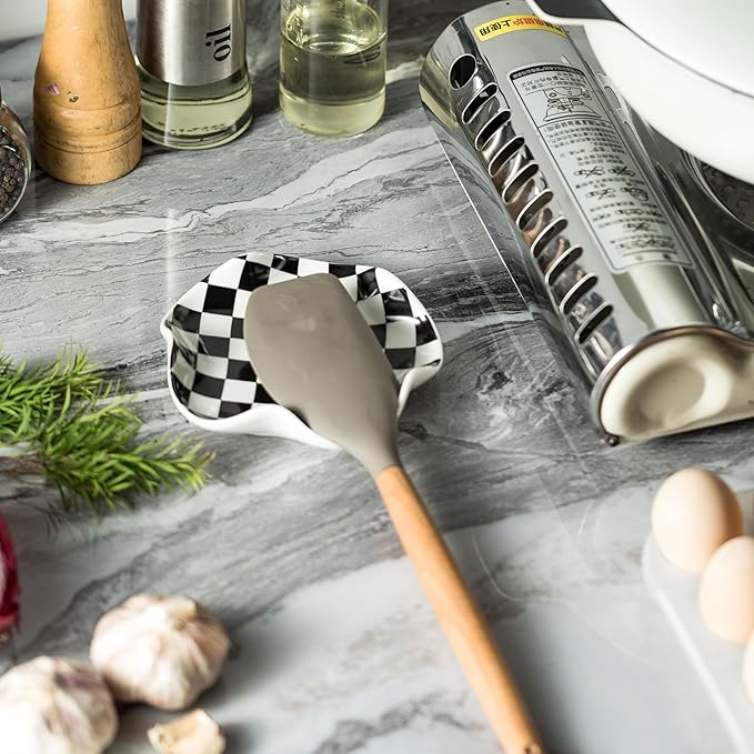 Miamolo Spoon Rest for Stove Top, 5.3in Checkered Spoon Holder Utensil Rest, Ceramic Spoon Rests for Coffee Bar, Kitchen Gadget Cooking Gift for Housewarming - Heat Resistant & Dishwasher Safe