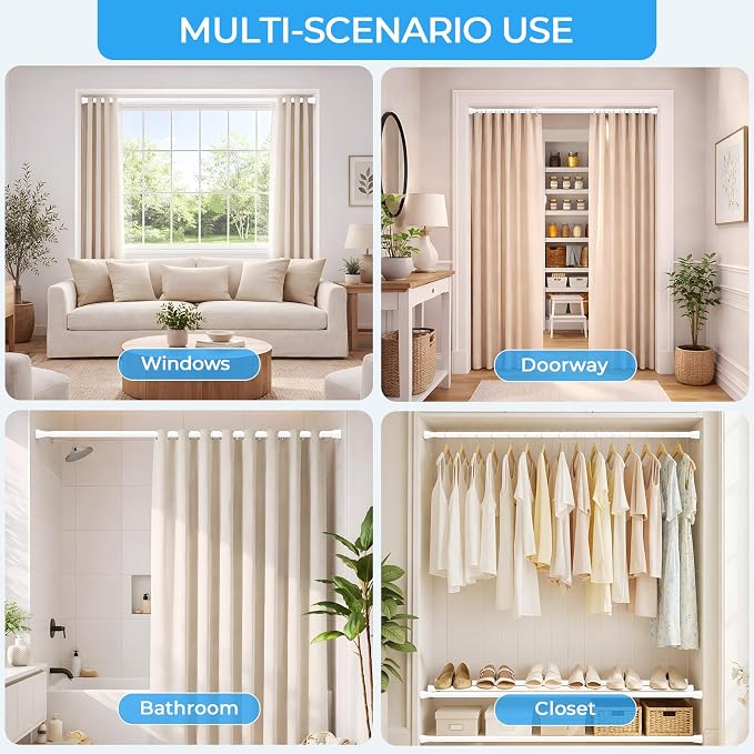 AIZESI Heavy Duty Tension Curtain Rod No Drilling Adjustable Shower Curtain Rod 40-78 Inch Spring Loaded Curtain Rods for Window, Bathroom, Doorway & Closet, Renter Friendly, 1.25"Diameter, White