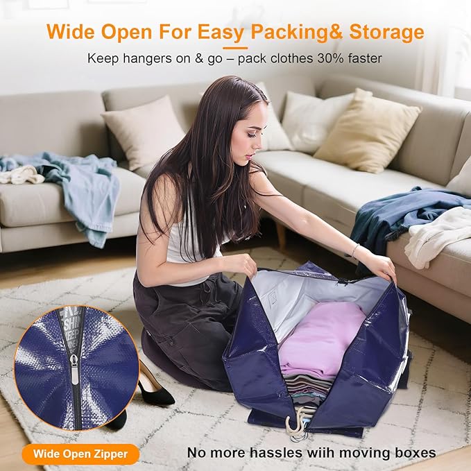 CHVEGLUZ 4 Packs Moving Bag Heavy Duty Extra Large,Storage Bags with Zipper&Handles, Sturdy&Durable Clothes Storage Bag Totes for College Dorm Essentials, Moving Boxes for College Supplies, Blue