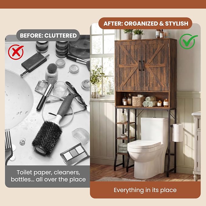 31" Over The Toilet Storage Cabinet with Barn Door,Bathroom Organizers and Storage with Adjustable Shelves, Farmhouse Over Toilet Organizer for Bathroom,Restroom,Laundry,Brown