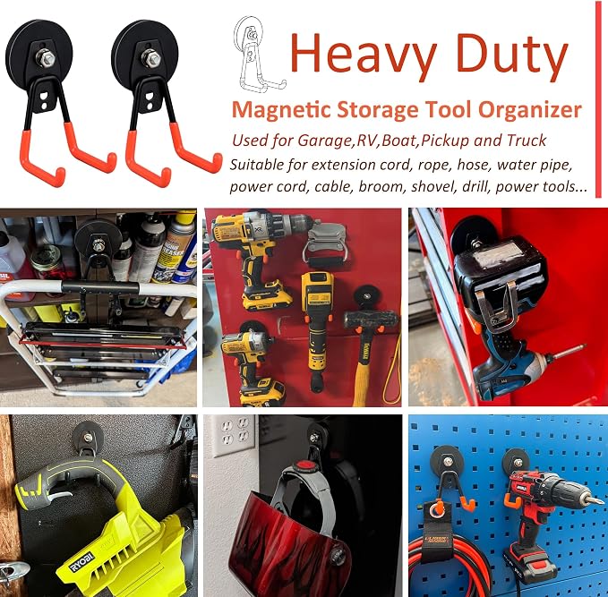 ULIBERMAGNET Heavy Duty Magnetic Garage Hooks,4 Pack Strong Large Magnet Hooks for Power Drill,Garden Tools,Hose,Pegboard,Garage, Workshop,Magnetic Storage Hooks for Indoor Outdoor Hanging(Orange)