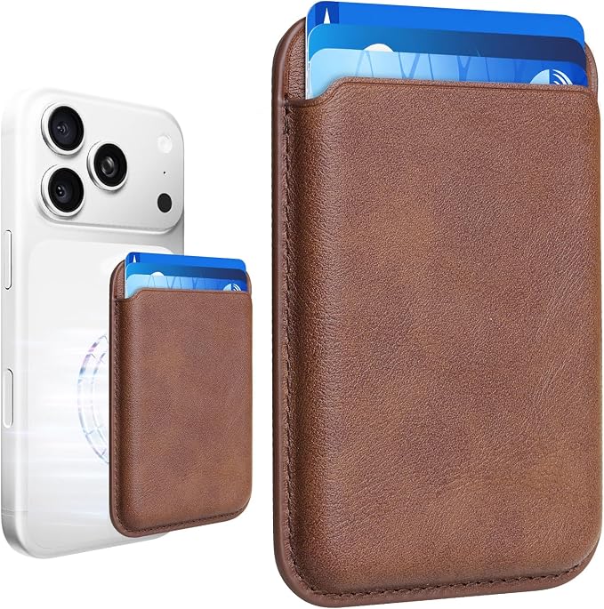 Magnetic Wallet Phone Card Holder for Phone Case with Mag-Safe, Stronger Magnetic RFID Leather Phone Wallet Stick on Series of iPhone 17/16/15/14/13/12 and Pro/Promax, Vintage Brown