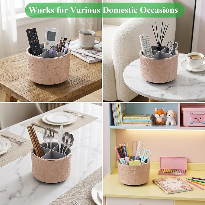 Round Leather Art Supply Organizer,Remote Control Holder,360 Degree Spinning,Multi-Functional Pencil Holder,4 Compartments Desktop Stationary Organizer(1-Golden Apricot)