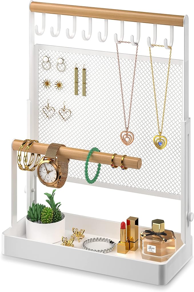 Jewelry Organizer Stand, Liftable Necklace Holder with Earring Organizer Net, 9 Hooks Necklaces Storage Wooden Handing Bar for Bracelets Watches Rings (White)
