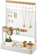 Jewelry Organizer Stand, Liftable Necklace Holder with Earring Organizer Net, 9 Hooks Necklaces Storage Wooden Handing Bar for Bracelets Watches Rings (White)