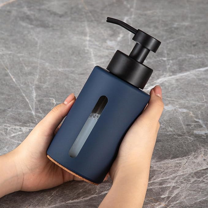 Glass Hand Soap Dispenser,12oz Navy Blue Liquid Bathroom Soap Dispenser with Stainless Steel Lotion Pump for Bathroom Kitchen (Blue)