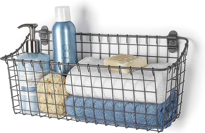Spectrum Extra Large Wire Wall Mount Storage Basket Industrial Gray, Vintage Wire Basket Wall Mount Organizer Modern for Pantry Kitchen and Bath, Versatile Wall Mount Storage Basket Wire Caddy