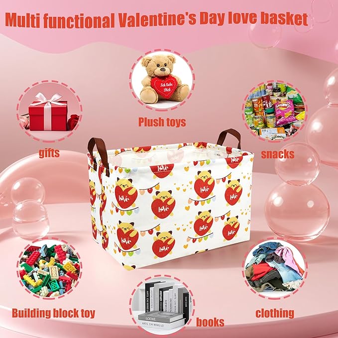 Valentine's Day Basket Gift for Empty Cute Heart Large Storage Bin for Kid and Baby Room Décor (Cat Love)