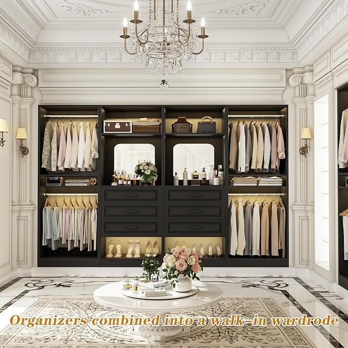 Unikito Closet System with Drawers, 100” Wood Closet Organizer with Hanging Rods and Mirror, Large Walk in Wardrobe Garment Rack with Adjustable Shelves, Sturdy Freestanding Closet Tower, Black