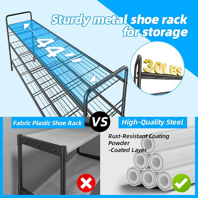 3 Tier Shoe Rack for Closet, 44 Inch Extra Long Shoe Storage Organizer for Shelves, Heavy Duty Metal, Easy Assembly, Black