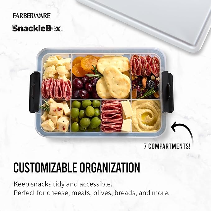 Farberware Snacklebox 7.8 x 12.7 Inch Plastic Cutting Board Lid with 7 Compartments and Locking Handles - Portable Snack Organizer for Charcuterie, Travel, Picnics, and On-the-Go Snacking
