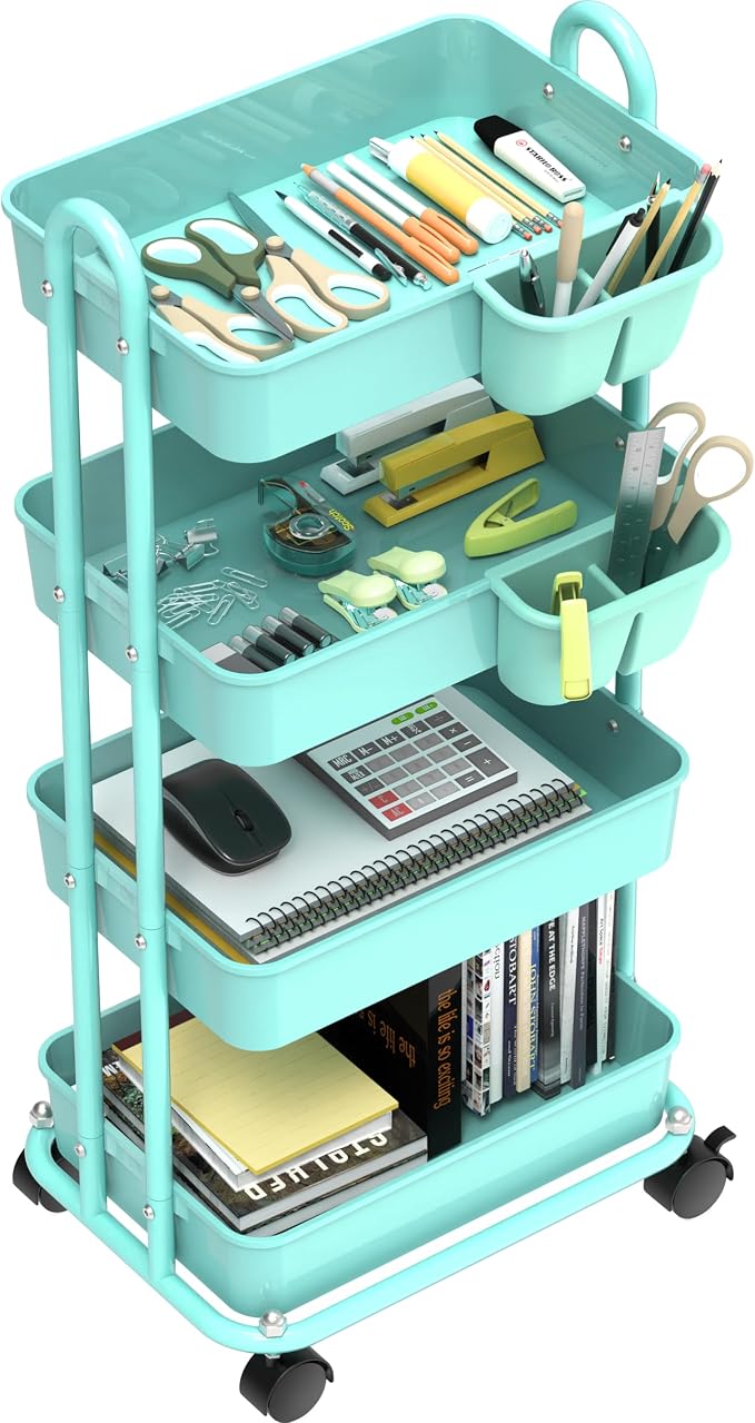 Simple Houseware 4-Tier Rolling Utility Cart with Hanging Bucket, Turquoise | Storage for Bathroom, Kitchen, Office, Study Room, Nursery Diaper