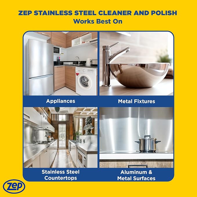 Zep Stainless Steel Cleaner & Polish - 14 oz (2 Pack) & Microfiber Rag | Fingerprint remover and polish for stainless steel refrigerators, dishwashers and appliances, with a reusable rag.