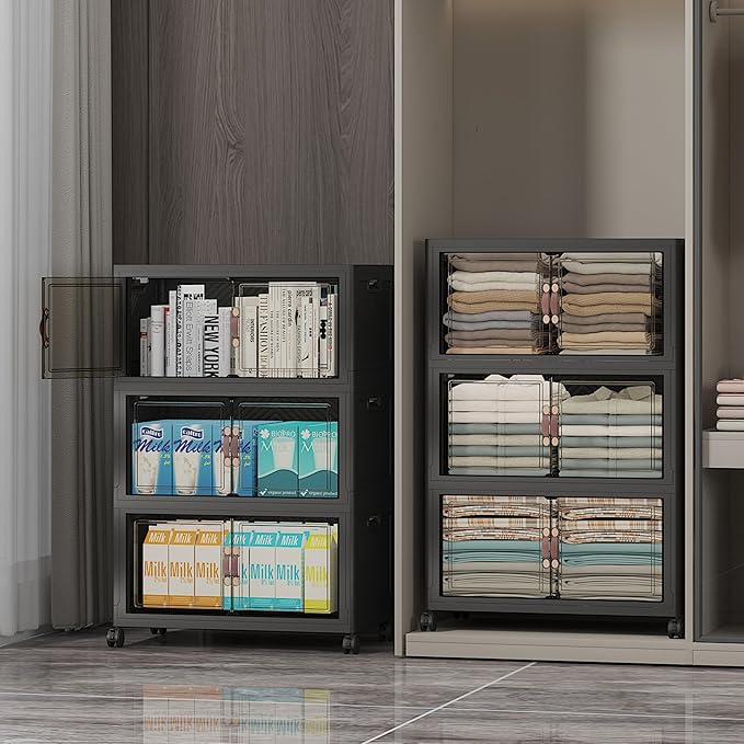 UAMFURI Stackable Storage Bins with Lids, Extra Large Plastic Organizer Cabinet Drawers, 288QT Collapsible Closet Containers with Doors and Wheels,For Bedroom, Kitchen, Office, Garage,(6Pack Cube)