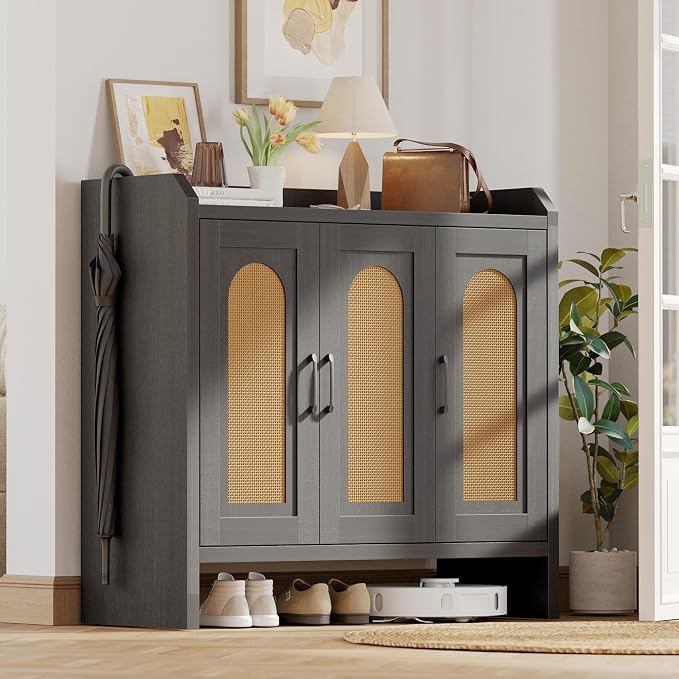 Mericonia Rattan Shoe Storage Cabinet, Farmhouse Shoe Cabinets Storage for Entryway, Boho Wooden Shoe Rack with 3 Doors for Entryway, Hallway (Black, 3 Door)