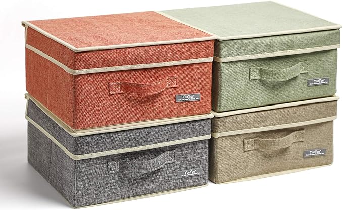 YueYue Fabric Storage Bins with Lids Small 4 Pack, Linen Foldable Storage Box with lids 4 Color Set 12.4in/12in/6.7in