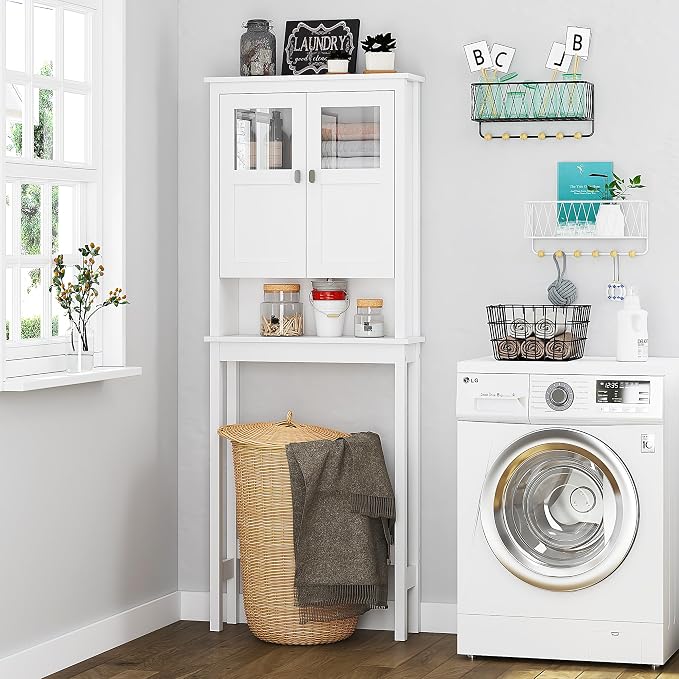 Spirich Bathroom Over the Toilet Storage Cabinet with Glass Doors, White | Toilet Organizer with Adjustable Shelf, Anti-tipping Device, Wood, Elegant Modern Design, Space Saver for Tight Spaces