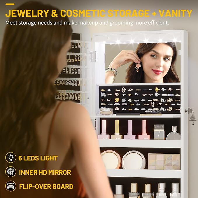 LVSOMT LED Mirror Jewelry Cabinet, Wall/Door Jewelry Organizer, 16"W, White | Lockable Jewelry Armoire with Full Length Mirror, 65 Ring and 108 Earring Slots, Foldable Shelf, Rounded Corner