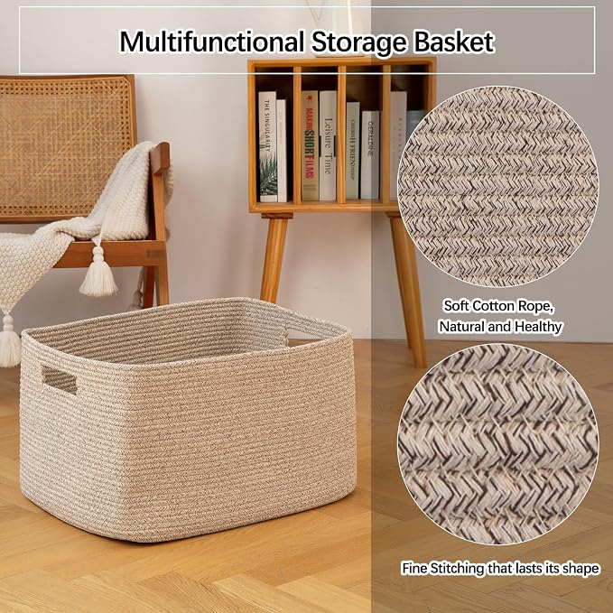 OIAHOMY 75L Large Blanket Basket, 22”x17”x12” Woven Cotton Rope Storage Basket with Handle for Organizing Blanket and Toys for Living Room, Nursery, Brown Variegated