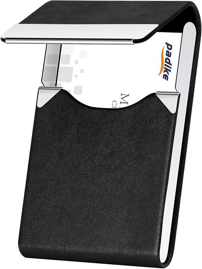 Padike Professional Business Card Holder PU Leather Business Card Case Name Card Holder Slim Metal Pocket Card Holder with Magnetic Shut (Y-Black)