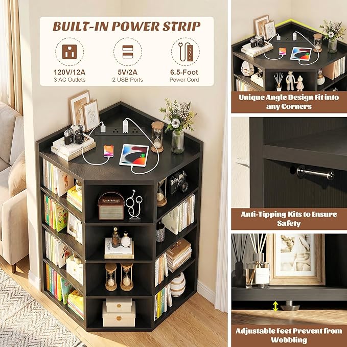 Aheaplus Corner Cube Book Shelf, 5-Tier Corner Cabinet with Power Outlets, Corner Cube Storage Shelf with Top Table, Wooden L Shaped Cubby Bookcase for Home Office, Bedroom, Living Room, Black