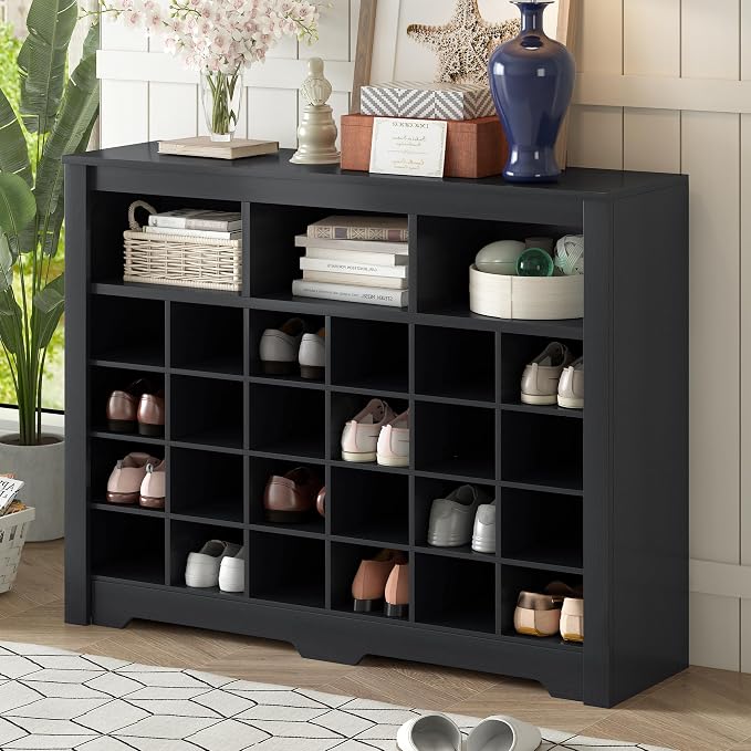 Harper & Bright Designs Sleek Design 24 Shoe Cubby Console, Modern Shoe Cabinet with Curved Base, Versatile Sideboard for Hallway, Bedroom, Living Room, Black