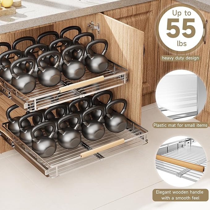 2 Pack Expandable Pull Out Cabinet Organizer，Side Mounting 12.3~18.5"x22.5"Cabinet Pull Out Shelves, Expandable Slide Out Spice Rack for Kitchen Bathroom Office