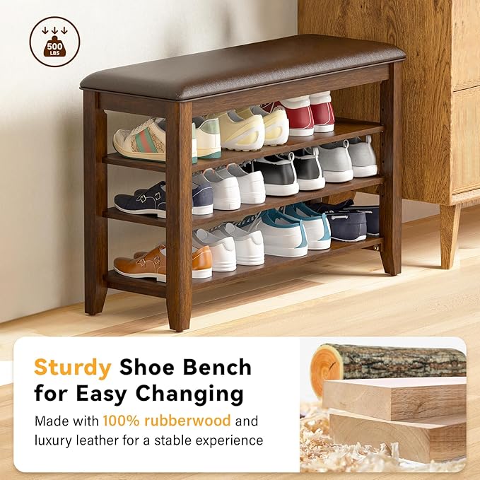 Taitiy Shoe Bench Storage Rubberwood for Entryway Bench Ideal for Hallways Shoe Rack Front Doors Entrances Mudrooms Featuring 3 Height-Adjustable and Removable Shelves