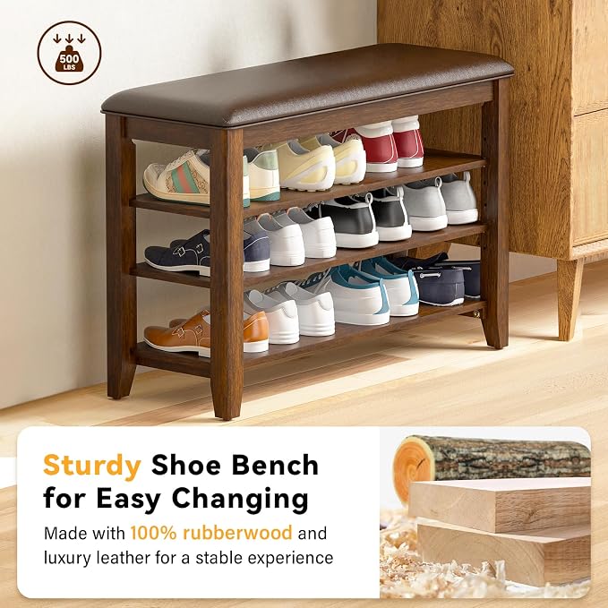 Taitiy Entryway Shoe Storage Bench, Shoe Organizer Bench for Entryway, Ideal for Hallways Front Doors Entrances Mudrooms Featuring Rubberwood and 3 Height-Adjustable and Removable Shelve