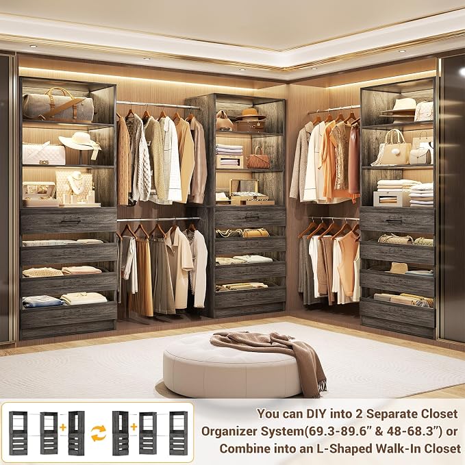 Aheaplus Closet System with 12 Drawers, 8.5-11.5Ft Wood Closet Organizer System with 4 Hanging Rods & 3 Towers, 4Ft & 6Ft L-Shaped Walk-in Closets Wardrobe Organizer Clothes Rack, Set of 3, Black Oak