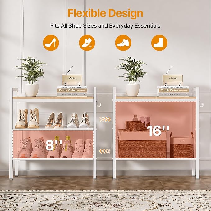 3 Tier Shoe Rack, Shoe Rack for Entryway with Hook, Shoe Organizer with Adjustable Mesh Shelves, Metal Shoe Storage, Closet, Bedroom Living Room Garage