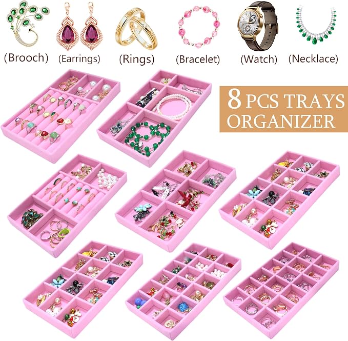 8 Pack Jewelry Organizer Tray Stackable Velvet Jewellry Drawer Inserts Earring Organizer Necklace Rings Bracelet Watch Jewelryy Display Case