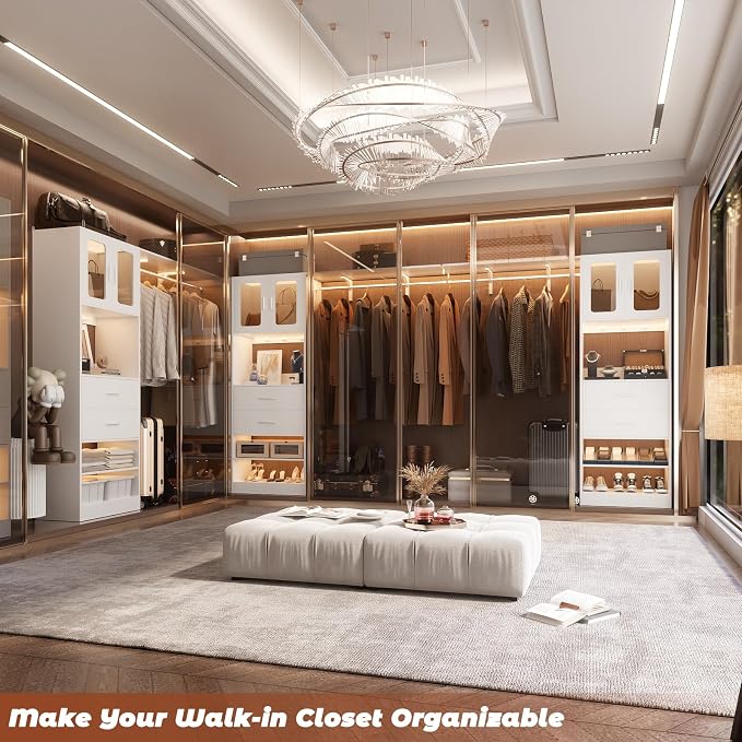5FT Closet System with Doors and Wooden Drawers, 60'' Reversible Closet Organizer System with Big Wing Shelf and Hanging Rod, 80'' Tall Walk in Wardrobe Closet System with Shelves & Hooks, White