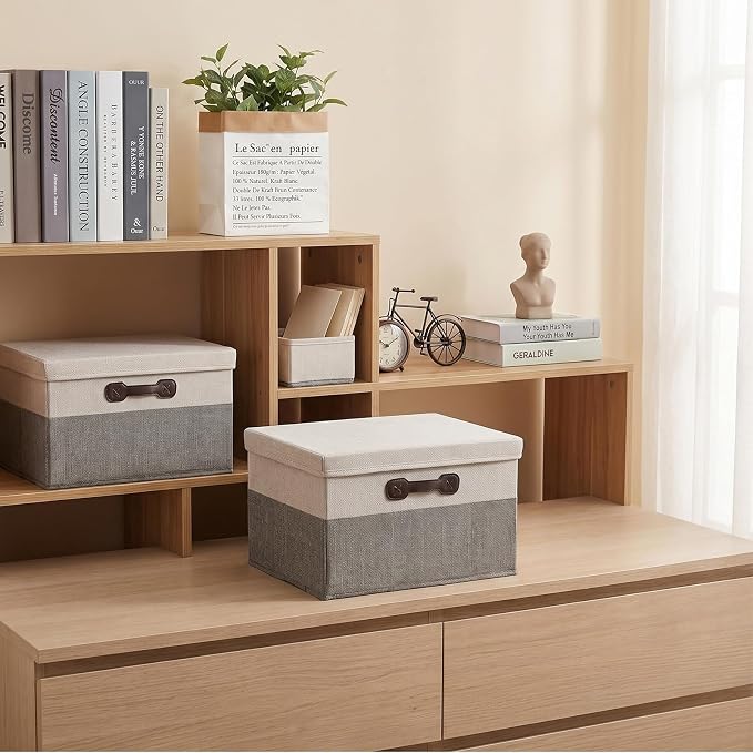 Foldable Storage Bins with Lids 2 Pack Large Storage Baskets with Lids Foldable Fabric Basket for Clothes Towels Books Organizer Home Decor White and Gray 15.7x11.8x9.8 Inch