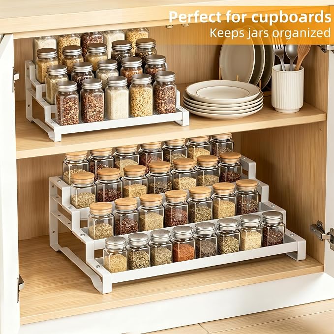 4-Tier Spice Rack Organizer, 13"-21.5" Expandable Spice Organization Shelf, Metal Seasoning Organizer for Kitchen Countertop or Pantry, Slip-Resistant Design for Jars and Bottles, White