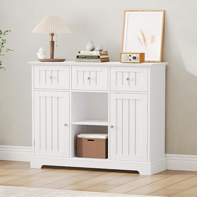 ChooChoo 35.4" Coffee Bar Cabinet with 3 Drawers and 2 Doors, White | Buffet Cabinet with Adjustable Shelves, Storage Cabinet for Compact Kitchens, Dining rooms and Living rooms