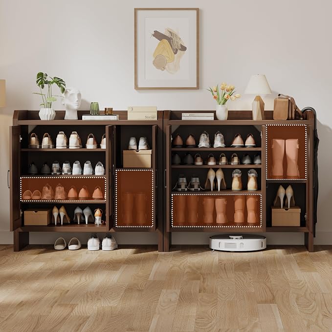 Mericonia Rattan Shoe Storage Cabinet, Farmhouse Shoe Cabinets Storage for Entryway, Boho Wooden Shoe Rack with 3 Doors for Entryway, Hallway (Walnut, 3 Door)