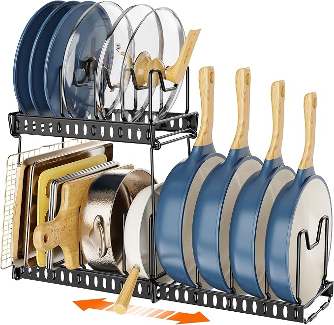 3 Pack Expandable Pan Organizer for Cabinet, Pot and Pan Organizer Under Cabinet Lid Holder Rack with 14 Adjustable Compartment for Kitchen Cabinet Cookware Baking Frying Rack, Black