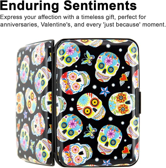 Credit Card Holder, Metal Card Wallet RFID Blocking Mini Slim Aluminum Business Hard Card Case for Women Men (Butterfly Sugar Skulls)